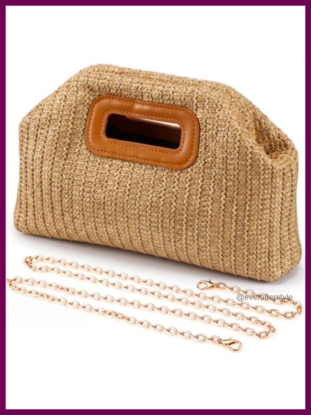 Raffia Clutch Straw Crossbody Bag with Leather Trim Detachable Chain